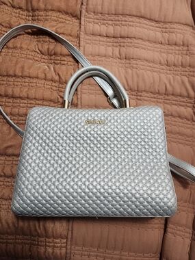 Quilted Silver Satchel with Top Handle and Detachable Strap